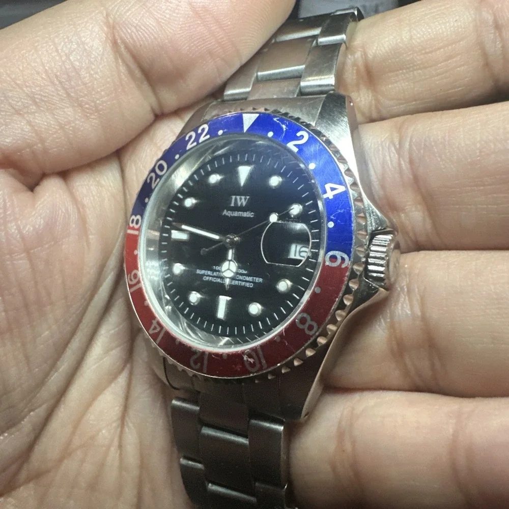 IW Aquamatic Automatic 21J Pepsi Mens Watch 40mm Miyota Untested-Crown Broken
